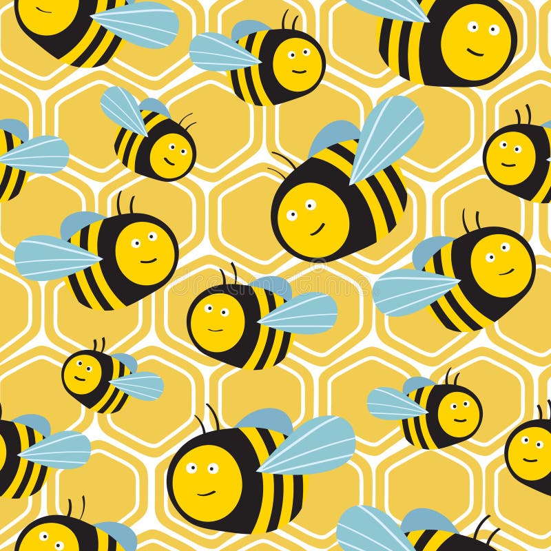 Szczęśliwe pszczoły i honeycombs, kolorowy bezszwowy wzór Dekoracyjny śliczny tło z insektami royalty ilustracja Szczęśliwe pszczoły i honeycombs, kolorowy bezszwowy wzór Dekoracyjny śliczny tło z insektami royalty ilustracja