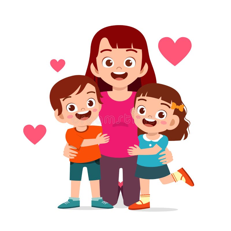 Szczęśliwe słodkie dzieci, chłopak i dziewczyna przytulająca mama ilustracja wektor