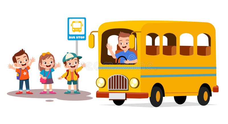 Szczęśliwe słodkie dzieci czekają na szkolny autobus z przyjaciółmi royalty ilustracja