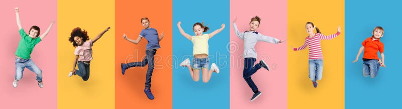 Happy Diverse Kids Jumping Posing Over Different Colorful Backgrounds. Collage With Joyful Multiracial Boys And Girls Jump Together. Carefree Childhood Concept. Panorama. Happy Diverse Kids Jumping Posing Over Different Colorful Backgrounds. Collage With Joyful Multiracial Boys And Girls Jump Together. Carefree Childhood Concept. Panorama