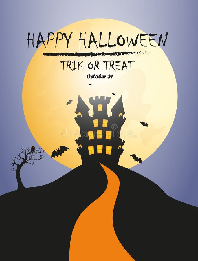Szczęśliwego halloweena - nietoperze latają wokół pałacu na wzgórzu z pełnym księżycem, który świeci jasnym rysunkiem wektora rys royalty ilustracja