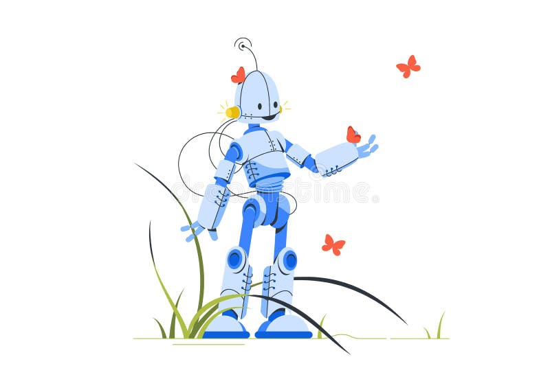 Szczęśliwego humanoidalnego robota stojącego pośród motyli ilustracja wektor