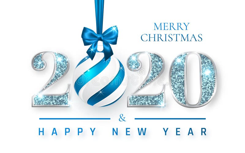 Szczęśliwego Nowego Roku 2020, srebrny projekt karty z pozdrowieniami, kula Xmas z niebieskim łukiem, ilustracja Vector ilustracja wektor Szczęśliwego Nowego Roku 2020, srebrny projekt karty z pozdrowieniami, kula Xmas z niebieskim łukiem, ilustracja Vector ilustracja wektor
