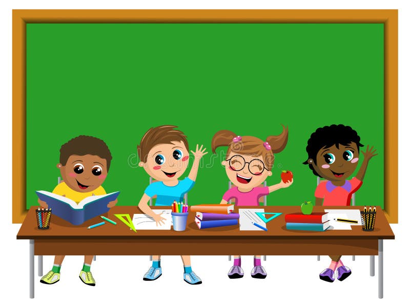 Happy diligent kids or children sitting at desk in front of blank blackboard isolated. Happy diligent kids or children sitting at desk in front of blank blackboard isolated