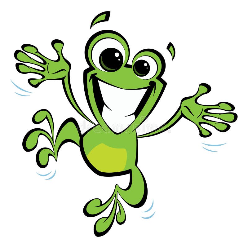 Happy cartoon green smiling frog jumping excited and spreading his arms and legs. Happy cartoon green smiling frog jumping excited and spreading his arms and legs