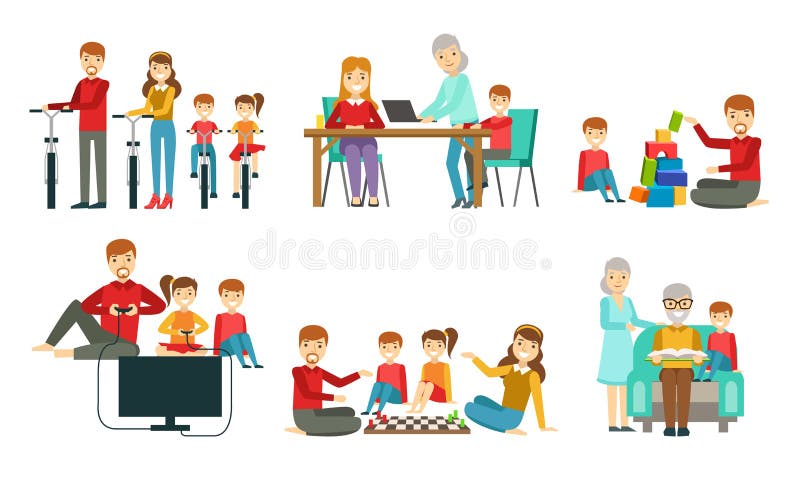 Happy Family Having Good Time Together Set, Grandparents, Parents and Children Riding Bikes, Playing Chess, Computer Games and Toy Cubes, Reading Vector Illustration on White Background. Happy Family Having Good Time Together Set, Grandparents, Parents and Children Riding Bikes, Playing Chess, Computer Games and Toy Cubes, Reading Vector Illustration on White Background.