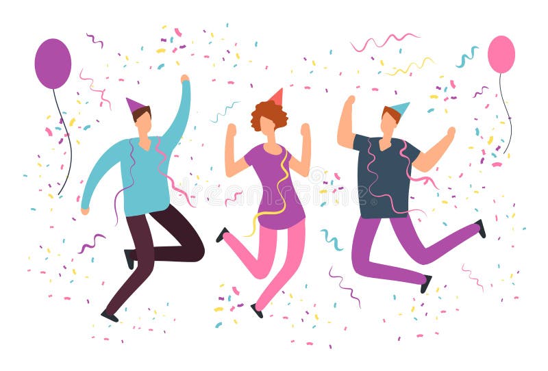 Szczęśliwi doskakiwań ludzie z spada confetti, balony przy zabawy przyjęciem urodzinowym Przyjaciele świętuje wydarzenie Wektorow ilustracja wektor Szczęśliwi doskakiwań ludzie z spada confetti, balony przy zabawy przyjęciem urodzinowym Przyjaciele świętuje wydarzenie Wektorow ilustracja wektor