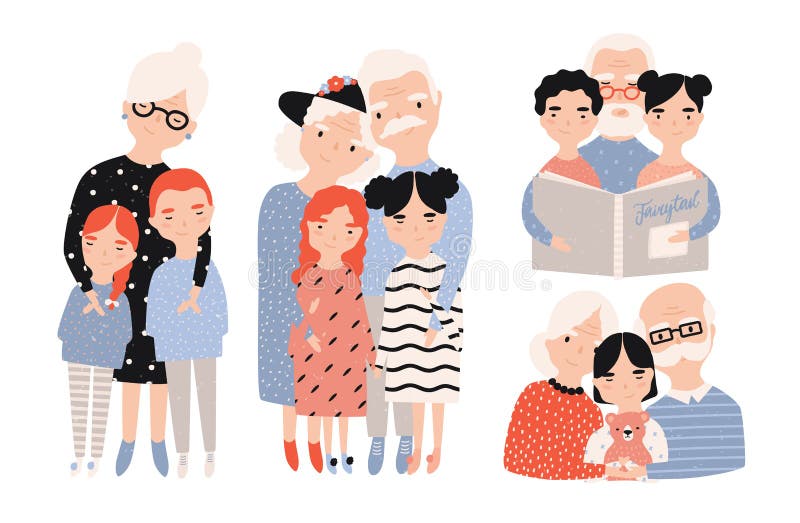 Szczęśliwi dziadkowie z wnukami ustawiającymi Ręki rysować kreskówek ilustracje inkasowe ilustracji