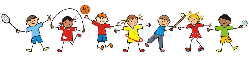 Happy kids and sports equipment, funny vector illustration. Group of children, boys and girls doing sports. Happy kids and sports equipment, funny vector illustration. Group of children, boys and girls doing sports.