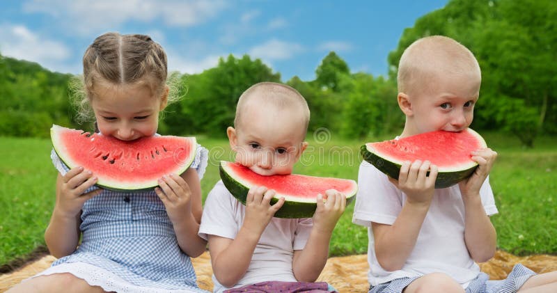Szczęśliwi dzieciaki je arbuza zdjęcia stock
