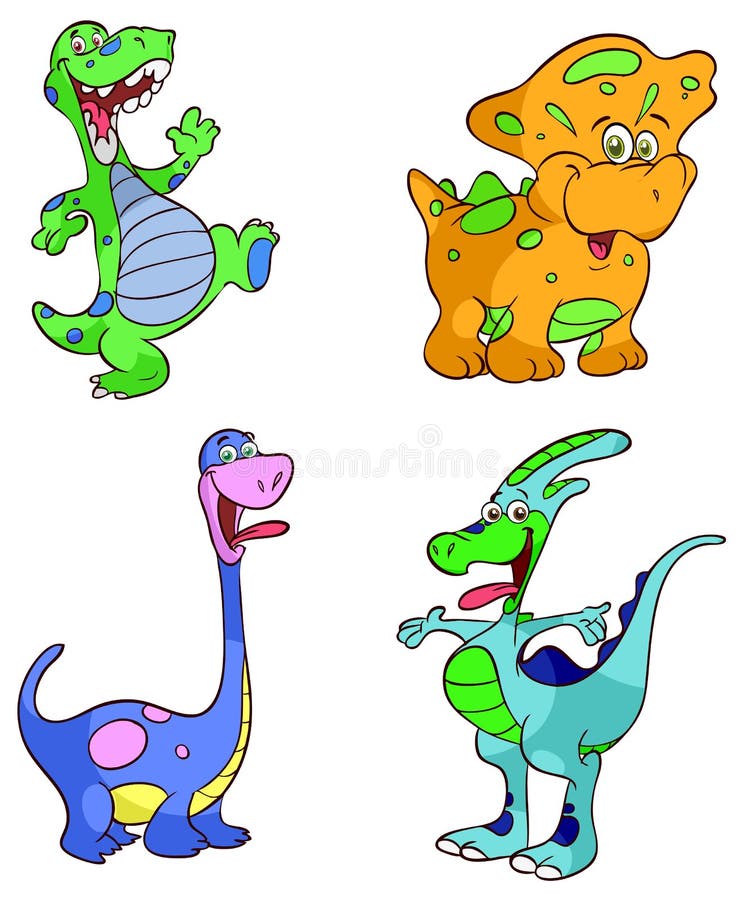 Set of four happy dinosaur illustrations in bright colors. Set of four happy dinosaur illustrations in bright colors