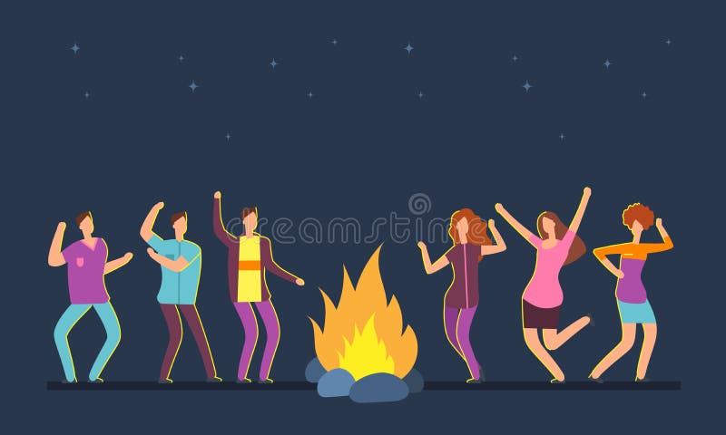 Happy people group dancing at campfire. Music festival camping vector cartoon concept. Dance people around fire, night flame illustration. Happy people group dancing at campfire. Music festival camping vector cartoon concept. Dance people around fire, night flame illustration