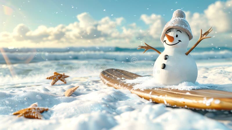 Szczęśliwy bałwan noszący kapelusz i szalik jeździ surfowaniem na śnieżnej plaży, gdy słońce świeci jasno na niebie ilustracji