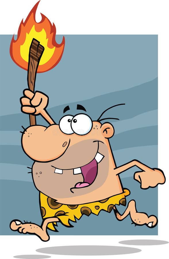 Szczęśliwy Caveman charakteru bieg Z pochodnią ilustracja wektor