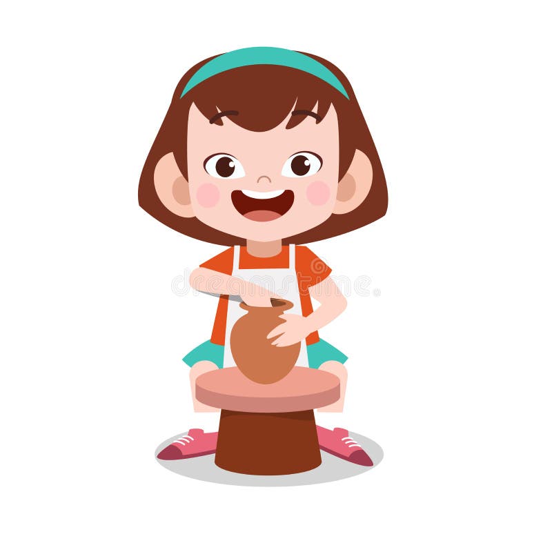 happy kid make clay pottery vector illustration. happy kid make clay pottery vector illustration