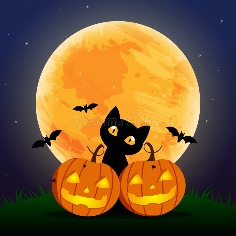 Szczęśliwy Halloweenowy dzień, nietoperz, pająk, Ślicznego dyniowego uśmiechu straszny, śliczny i czarny kota straszny przyjęcie ilustracji