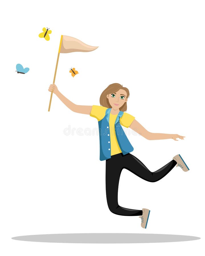 Szcz??liwy kobiety doskakiwanie z sieci? w jego r?ki Dziewczyna ?apie motyle b??kitny ch?opiec biurka dziewczyny patrzej? dennego ilustracja wektor Szcz??liwy kobiety doskakiwanie z sieci? w jego r?ki Dziewczyna ?apie motyle b??kitny ch?opiec biurka dziewczyny patrzej? dennego ilustracja wektor