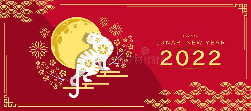 Szczęśliwy księżyc nowy rok 2022 biały i złoty tygrys zodiak stojący na chmurze i księżycu pełnym z pierworodnym i kwiatowym wokół ilustracji