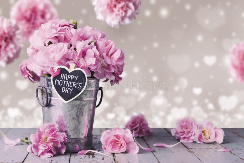 Happy mothers day letter on wood heart and pink carnation flowers in zinc bucket. Happy mothers day letter on wood heart and pink carnation flowers in zinc bucket