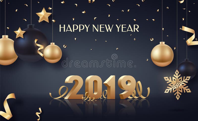 Szczęśliwy nowy rok 2019 Złoto 3D-numbers z faborkami i confetti na białym tle ilustracji Szczęśliwy nowy rok 2019 Złoto 3D-numbers z faborkami i confetti na białym tle ilustracji