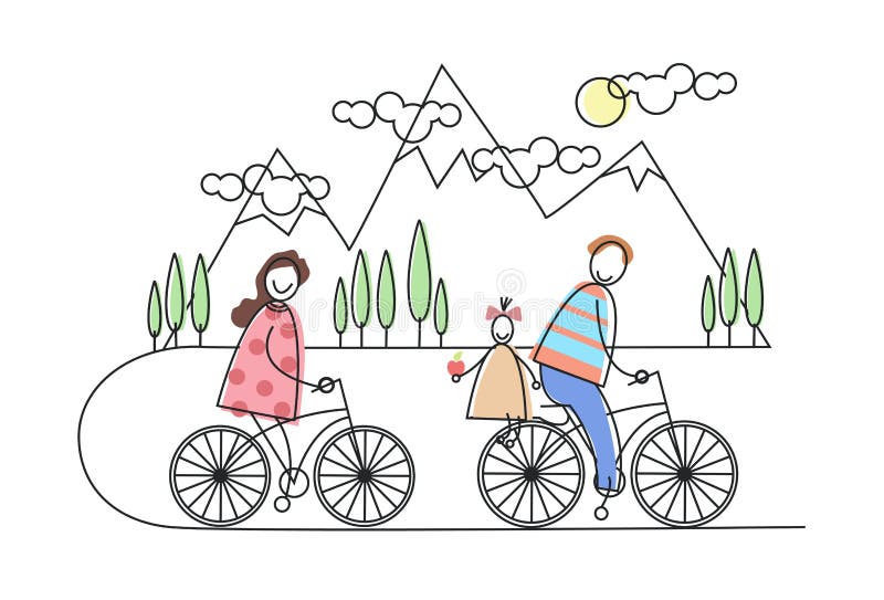 Szczęśliwy Rodzinny Jeździecki bicykl, rowery Nad górami, rodzice Z dzieckiem royalty ilustracja Szczęśliwy Rodzinny Jeździecki bicykl, rowery Nad górami, rodzice Z dzieckiem royalty ilustracja
