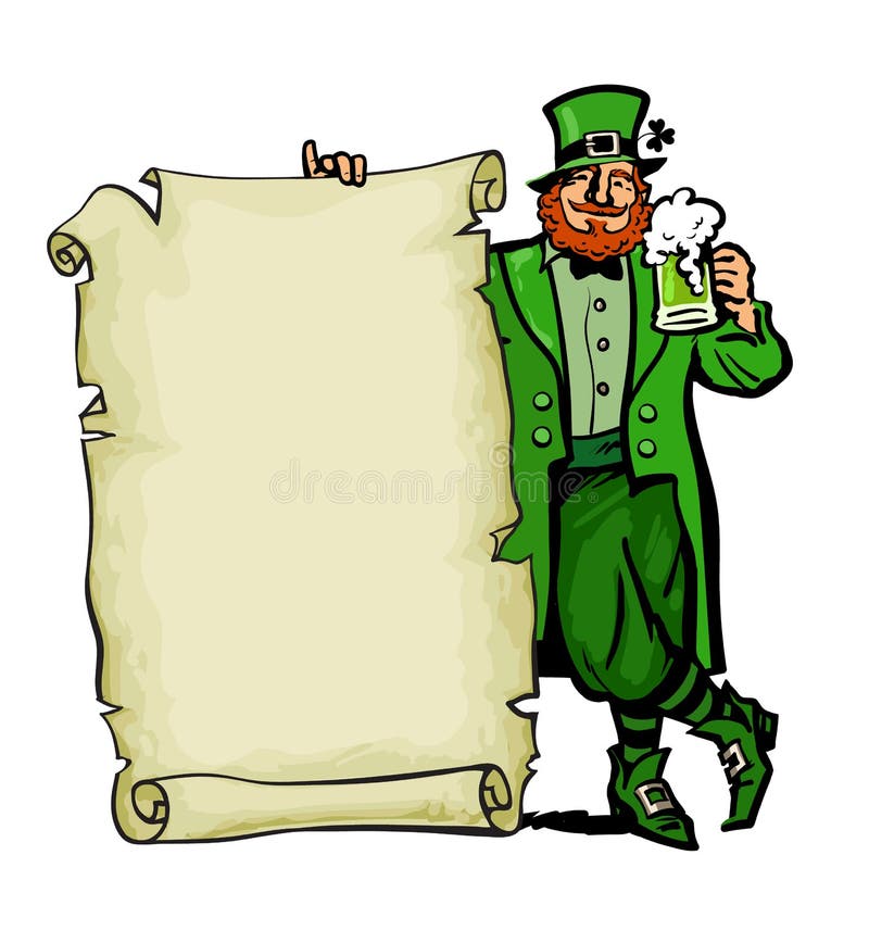 szczęśliwy st patricks dnia plakat Leprechaun charakter trzyma tradycyjnej zimno zieleni piwnego kubek i starą papierową ślimaczn ilustracji szczęśliwy st patricks dnia plakat Leprechaun charakter trzyma tradycyjnej zimno zieleni piwnego kubek i starą papierową ślimaczn ilustracji