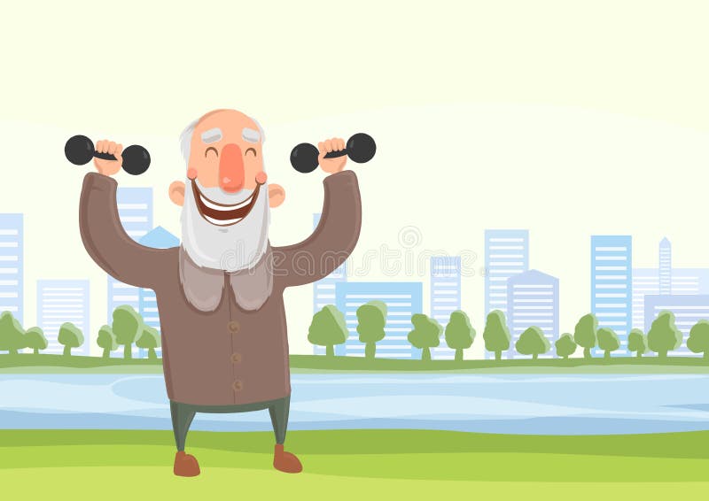 Szczęśliwy starsza osoba mężczyzna robi rankowi bawi się ćwiczenia z dumbbells w miasto parku Aktywne stylu życia i sporta aktywn ilustracji Szczęśliwy starsza osoba mężczyzna robi rankowi bawi się ćwiczenia z dumbbells w miasto parku Aktywne stylu życia i sporta aktywn ilustracji