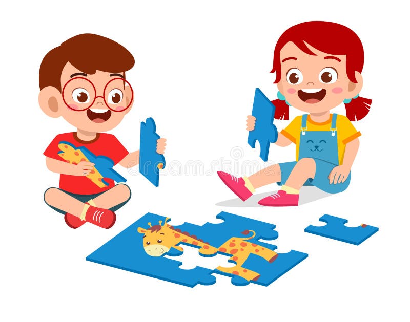 Szczęśliwy, słodki chłopak i dziewczynka grają w puzzle układanki ilustracji