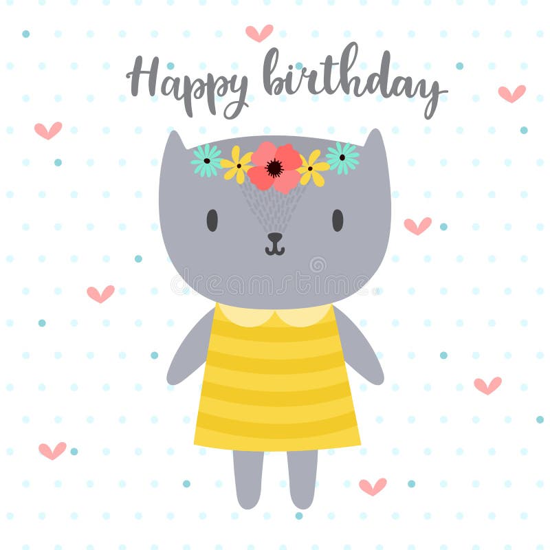 Happy Birthday. Cute greeting card with funny little cat. Vector illustration. Happy Birthday. Cute greeting card with funny little cat. Vector illustration