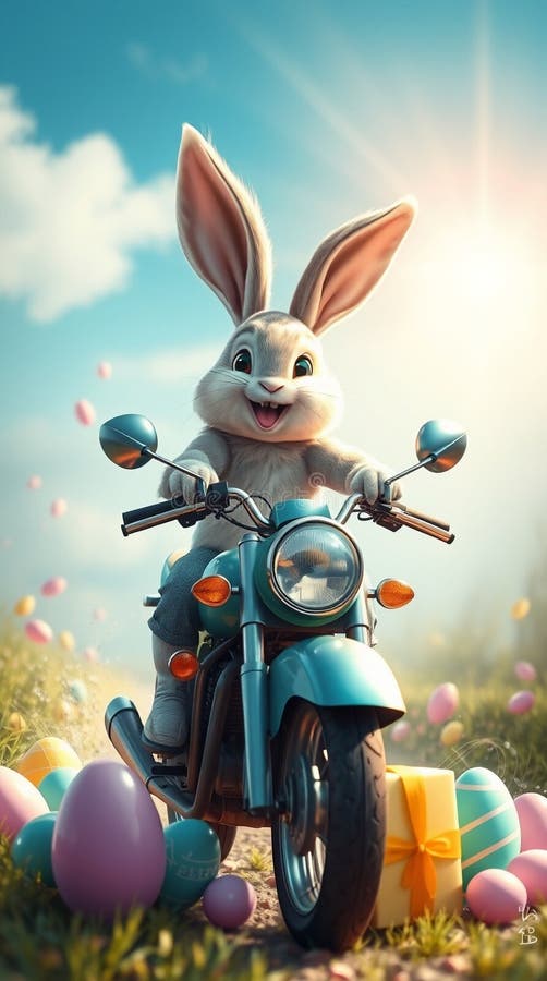 Szczęśliwy wielkanoc! uroczy królik bawiący się wiosłową jazdą motocyklową otoczoną kolorowymi jajami i prezentami royalty ilustracja