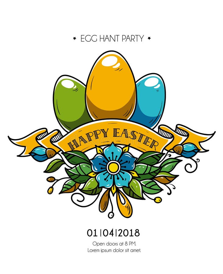 Szczęśliwy Wielkanocny plakat Wakacyjni jajka dekorujący faborek i kwiaty Szczęśliwy Wielkanocny zaproszenie bawić się Święta ucz royalty ilustracja Szczęśliwy Wielkanocny plakat Wakacyjni jajka dekorujący faborek i kwiaty Szczęśliwy Wielkanocny zaproszenie bawić się Święta ucz royalty ilustracja