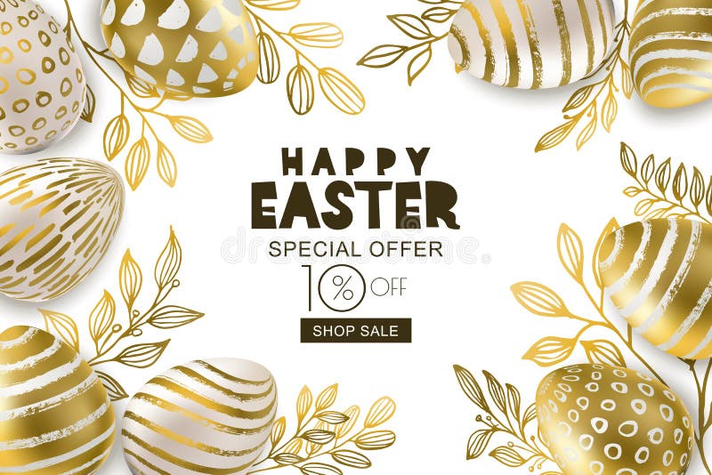 Szczęśliwy Wielkanocny sprzedaż sztandar Wektorowi złoci 3d jajka i złociści leves Projekt dla wakacyjnej ulotki, plakat, partyjn