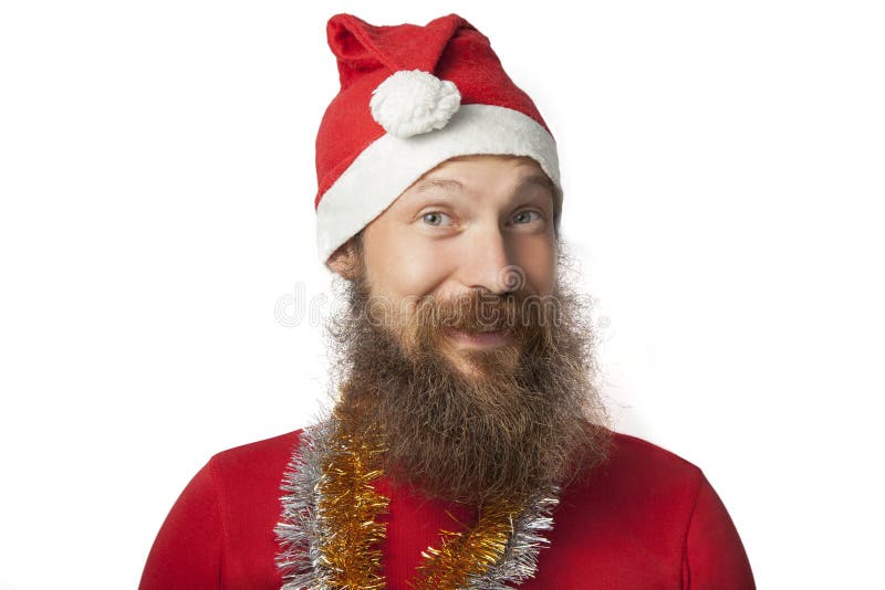 Szczęśliwy śmieszny Santa Claus z istną brodą, czerwieni koszula i kapelusz robi i szalonej twarzy, ono uśmiecha się, patrzeć i k fotografia stock Szczęśliwy śmieszny Santa Claus z istną brodą, czerwieni koszula i kapelusz robi i szalonej twarzy, ono uśmiecha się, patrzeć i k fotografia stock