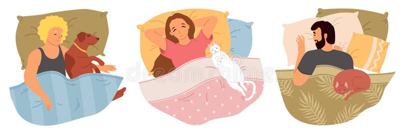 Szczęśliwy śpiący mężczyzna i kobieta spoczywający na zwierzętach domowych w łóżku ilustracja wektor