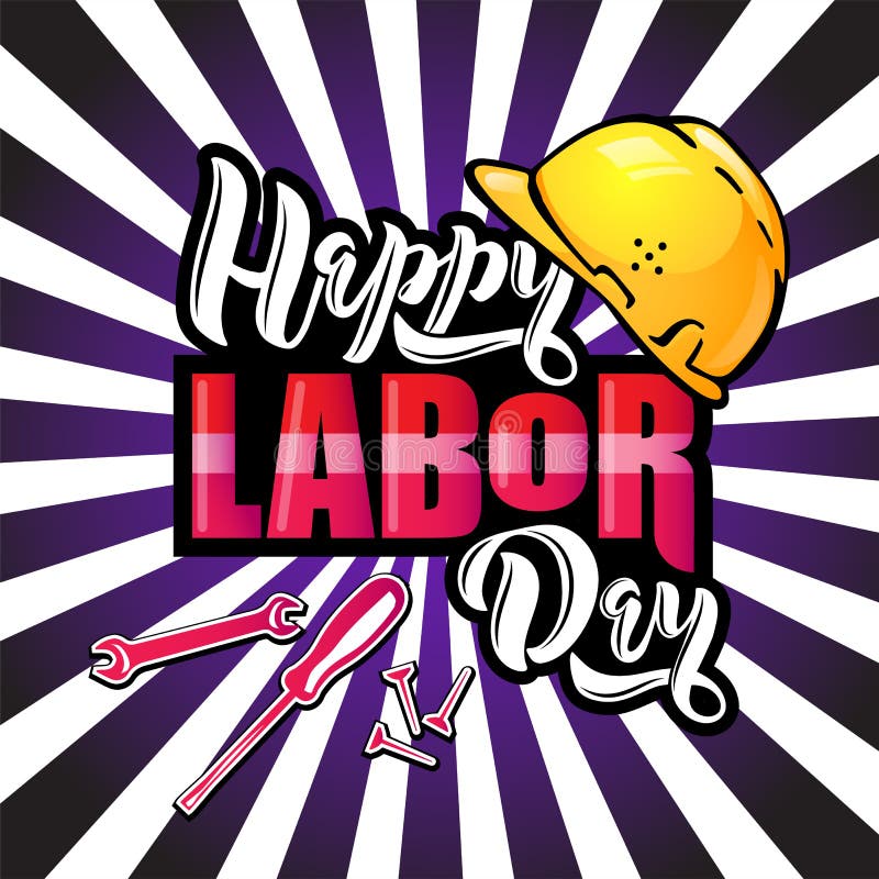 Happy Labor Day lettering. Cartoon design with construction tools and protective helmet on pop art rays background. Typography design for Labor day greeting cards and poster. Design template celebration. Vector. Happy Labor Day lettering. Cartoon design with construction tools and protective helmet on pop art rays background. Typography design for Labor day greeting cards and poster. Design template celebration. Vector