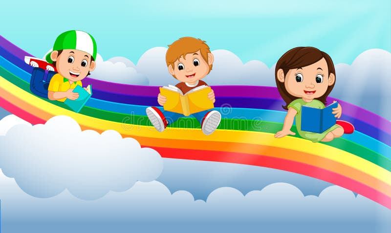 Szczęśliwych dzieci czytelnicza książka nad tęczą ilustracji Szczęśliwych dzieci czytelnicza książka nad tęczą ilustracji