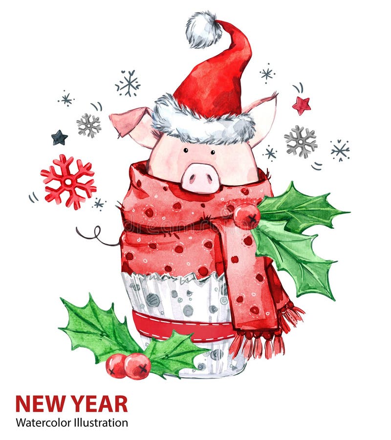2019 Szczęśliwych nowy rok ilustracj Boże Narodzenia Śliczna świnia w zima szaliku z Santa kapeluszem Powitanie akwareli tort sym ilustracja wektor 2019 Szczęśliwych nowy rok ilustracj Boże Narodzenia Śliczna świnia w zima szaliku z Santa kapeluszem Powitanie akwareli tort sym ilustracja wektor