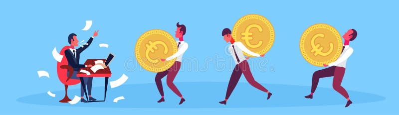 Szef miejsce pracy siedzący biurowi ludzie biznesu niosą euro pracy zespołowej pojęcia długości mennicza postać z kreskówki foluj ilustracji Szef miejsce pracy siedzący biurowi ludzie biznesu niosą euro pracy zespołowej pojęcia długości mennicza postać z kreskówki foluj ilustracji