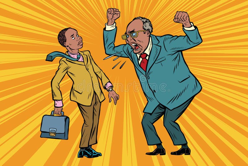 Boss scolds businessman. African American people. Conflicts at work. Pop art retro vector illustration. Boss scolds businessman. African American people. Conflicts at work. Pop art retro vector illustration