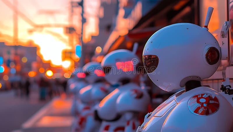 Szereg futurystycznych robotów stoi w rozmytym mieście na zachodzie słońca, prezentując zaawansowane technologie w środowisku miej fotografia stock