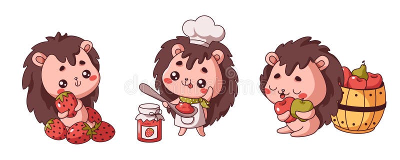 Szereg ilustracji przedstawiających małe jeże w czynnościach ilustracji