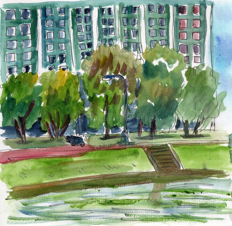 Szkic miejski wyciągnięty ręcznie Akwarela letnia Drzewa zielone Zielony dom Wielkie miasto Małe miasto Niebieski Park i ogród ilustracja wektor Szkic miejski wyciągnięty ręcznie Akwarela letnia Drzewa zielone Zielony dom Wielkie miasto Małe miasto Niebieski Park i ogród ilustracja wektor