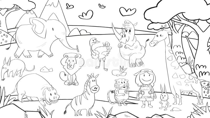 Szkic zwierząt dziko żyjących na pastwiskach afryki. leopard aardvark rhinoceros hippo strusia giraffe zebra lwik słonia ilustracja wektor
