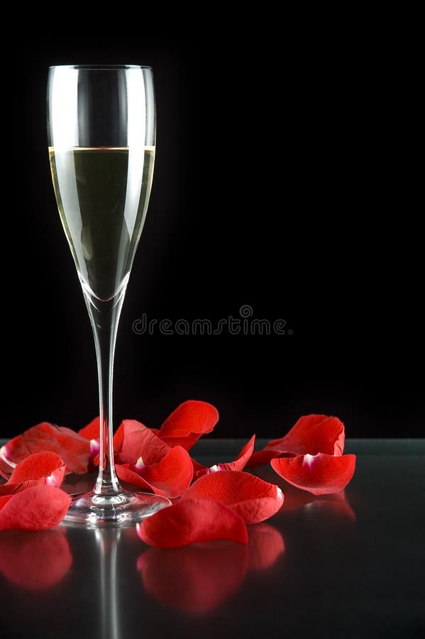 Champagne glass with petals of rose isolated on black background. Champagne glass with petals of rose isolated on black background