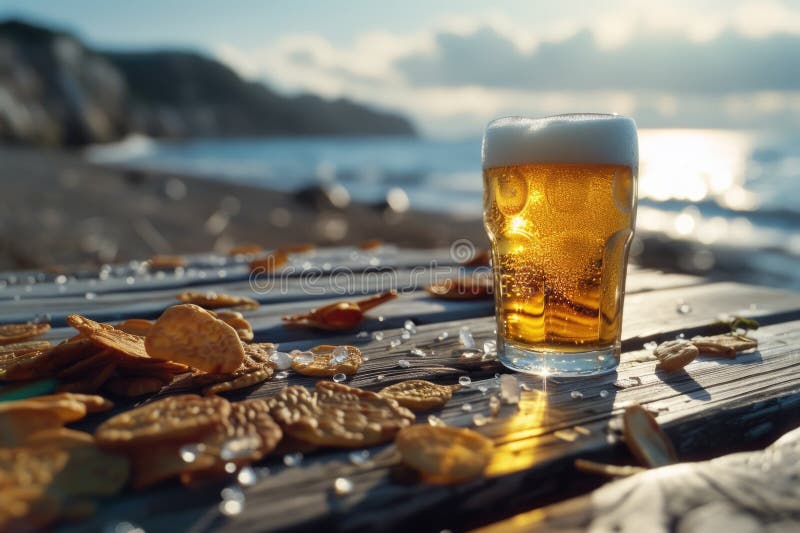 Szklanka piwa jest na drewnianym stole obok stosu chipów. Scena jest ustawiona na plaży z oceanem w tle. Scena jest zrelaksowana i przypadkowa jak plażowa scena generowana przez sztuczną inteligencję