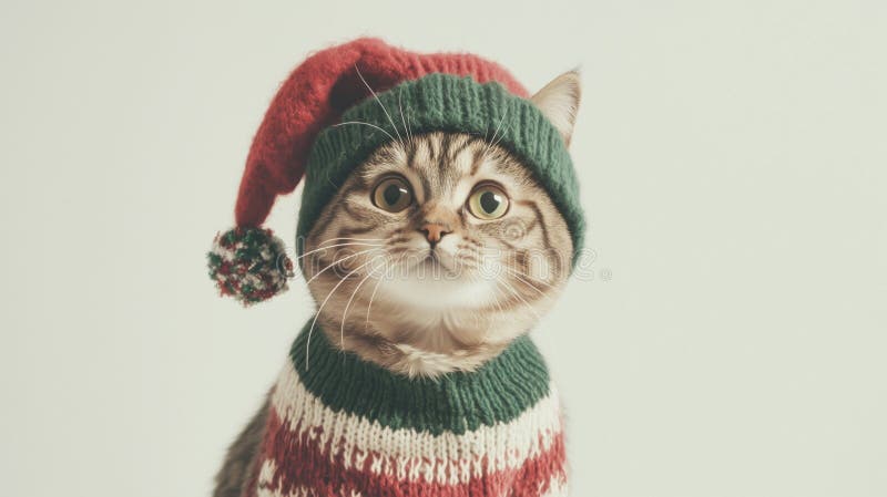 Szkocki kot w czerwonym i zielonym kapeluszu świątecznym. Scottish Fold cat w czerwonym i zielonym kapeluszu świątecznym i pasującym swetrze. Kot siedzi na jasnoszarym tle generowanym przez sztuczną inteligencję