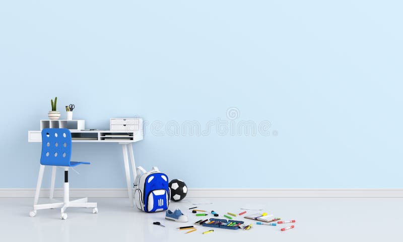 Szkolne dostawy w błękitnym pokoju dla mockup szkoły pojęcie, z powrotem, 3D rendering ilustracja wektor Szkolne dostawy w błękitnym pokoju dla mockup szkoły pojęcie, z powrotem, 3D rendering ilustracja wektor