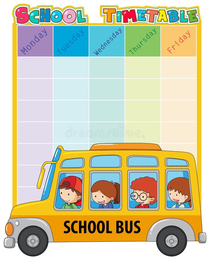 Szkolny rozkład zajęć szablon z autobusem i dzieciakami ilustracji Szkolny rozkład zajęć szablon z autobusem i dzieciakami ilustracji