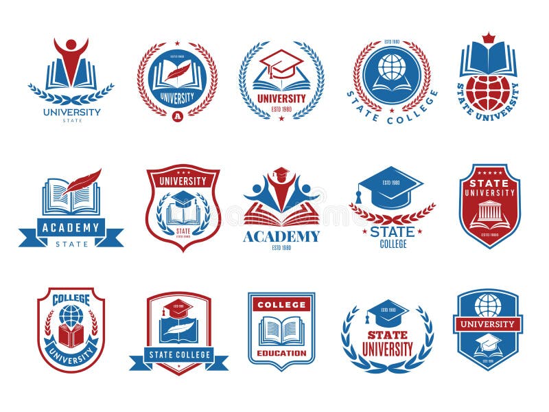 Szkoła wyższa emblemat Szkolne lub uniwersyteckie odznaki i etykietka logotypu wektorowa kolekcja
