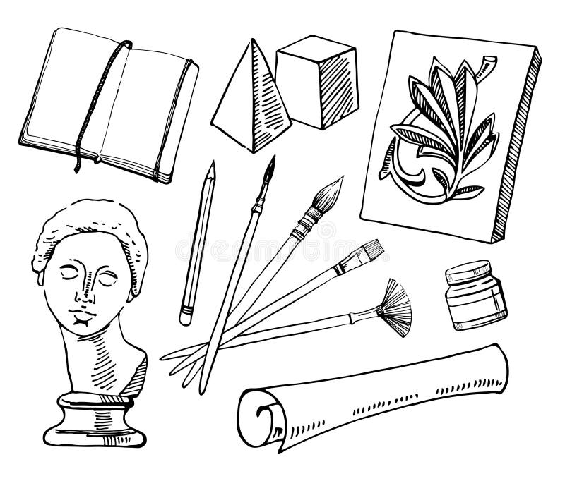 Szkół artystycznych narzędzia Set ręka rysujący nakreślenie artysty wektorowi materiały Czarny i biały stylizowana ilustracja ilustracja wektor Szkół artystycznych narzędzia Set ręka rysujący nakreślenie artysty wektorowi materiały Czarny i biały stylizowana ilustracja ilustracja wektor
